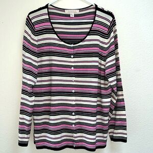 Belford Saks Fifth Avenue Silk Button Pink White Black Striped Cardigan, Size 2X